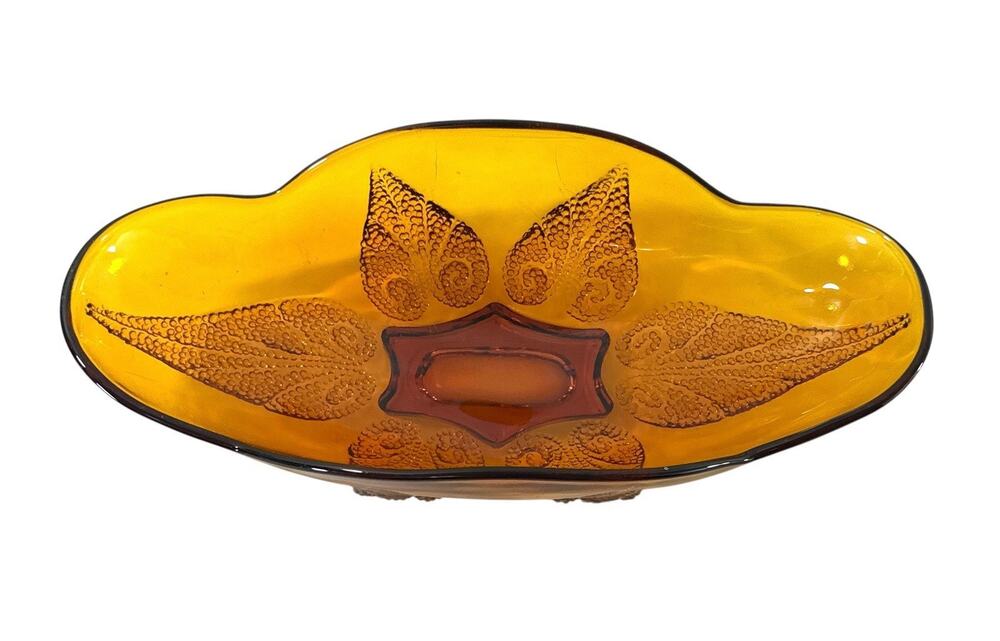 Vintage Anchor Hocking Renaissance Amber Glass Relish Dish Leaf Pattern 9.5”